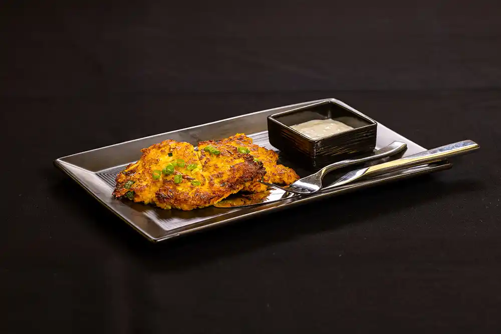 Garden fritter with lemon dill sauce