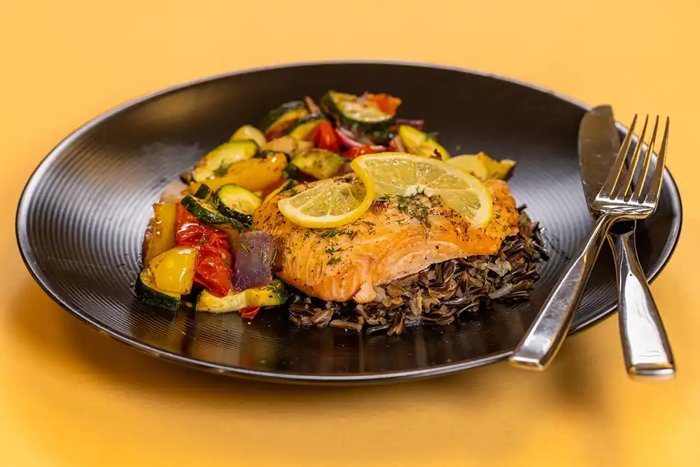 Lemon & Dill Salmon with Roasted Vegetables and Wild Rice