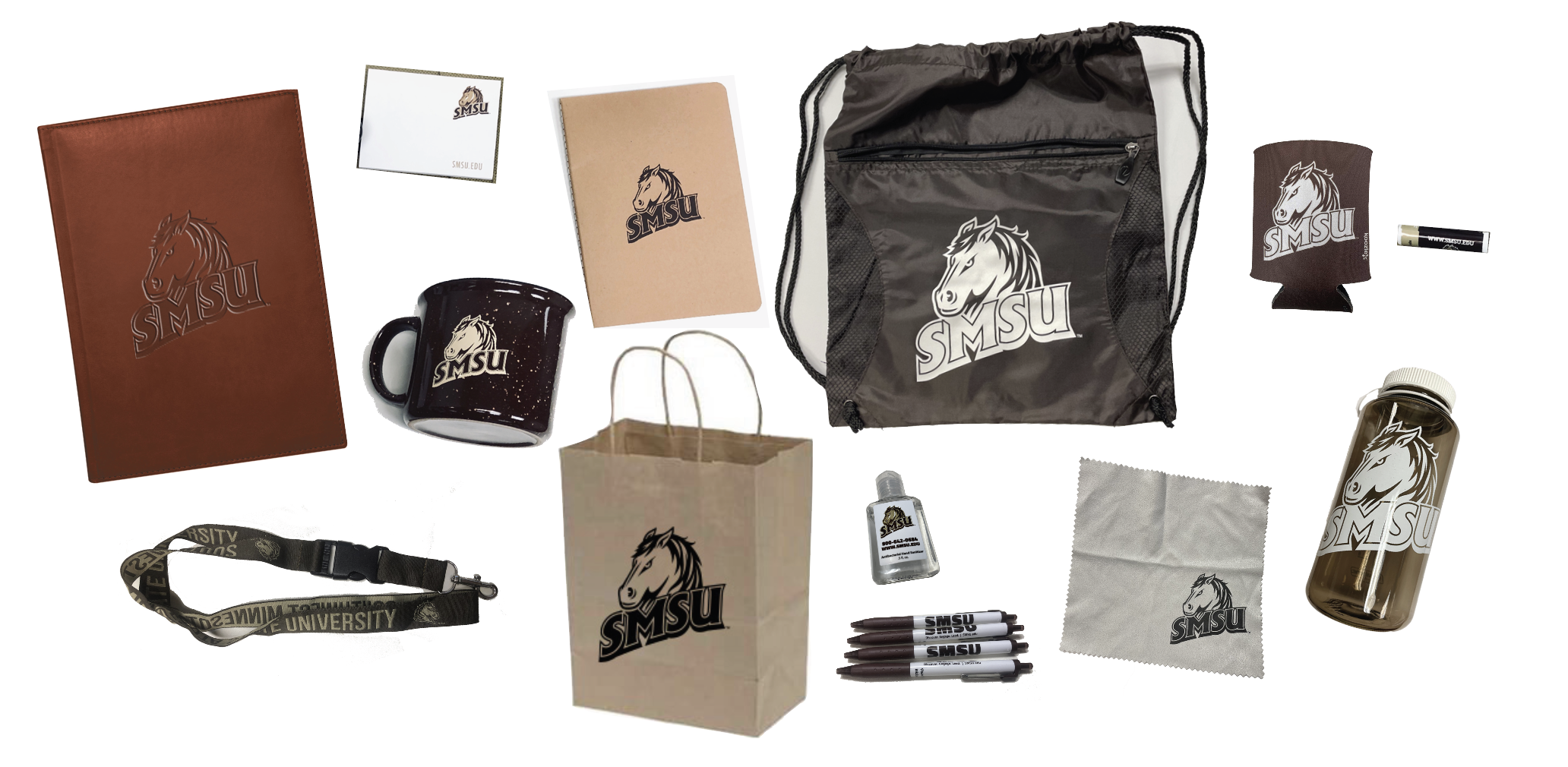 Image showing a sample of the promotional items available to SMSU Departments