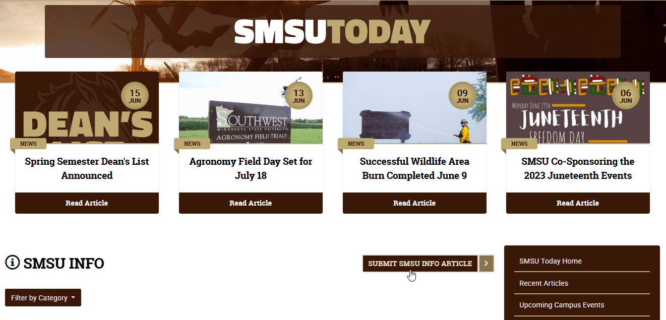 Screenshot of SMSU Today submit SMSU Info button