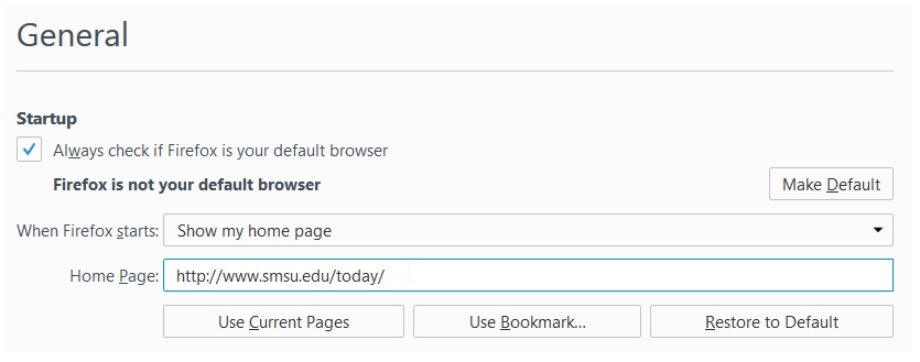 SMSU Today Homepage Firefox Options