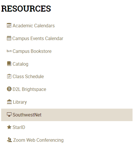 Screenshot of the Resources Menu