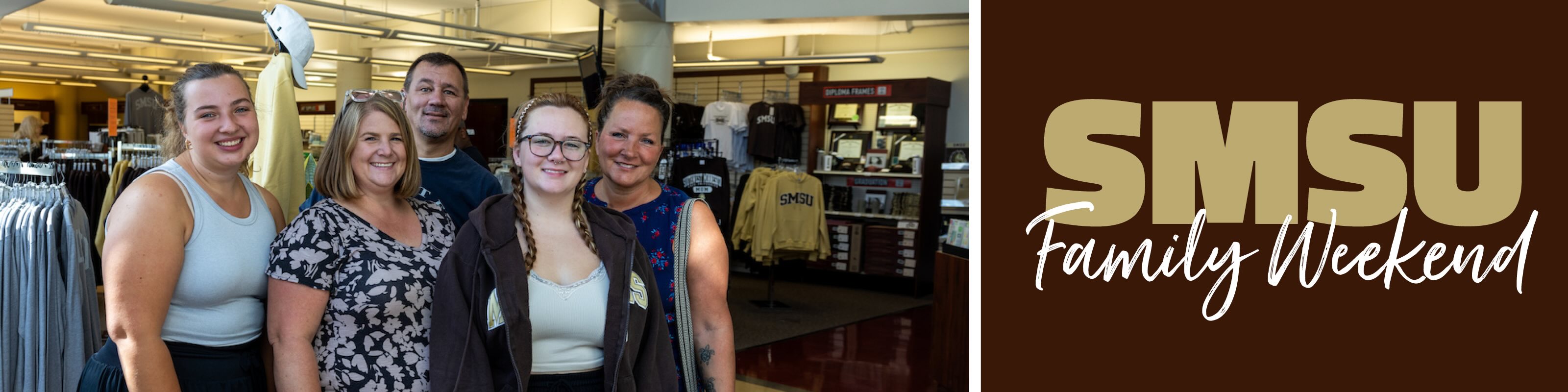 family in bookstore for SMSU Family Weekend