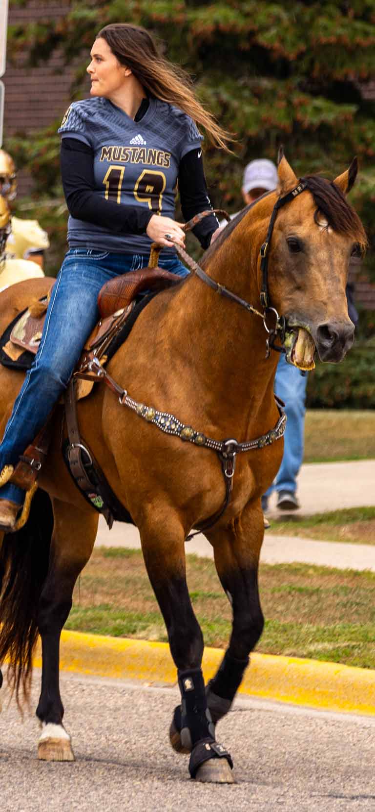 Photo of the SMSU Football Team walking behind a horse and rider
