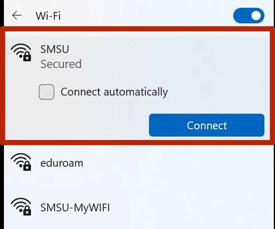 A screenshot of how to connect to the SMSU Wi-Fi. 