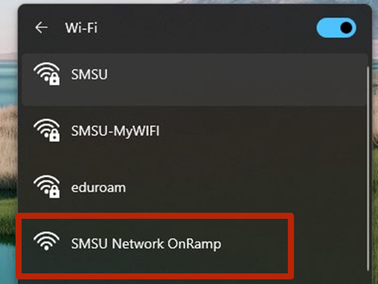 A screenshot of a computer displaying the SMSU Network OnRamp. 
