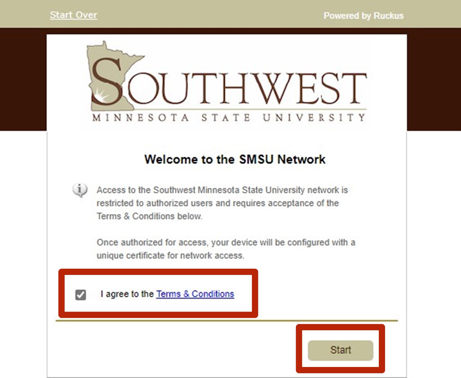 A screenshot of a Web page displaying the SMSU Network OnRamp welcome message. 