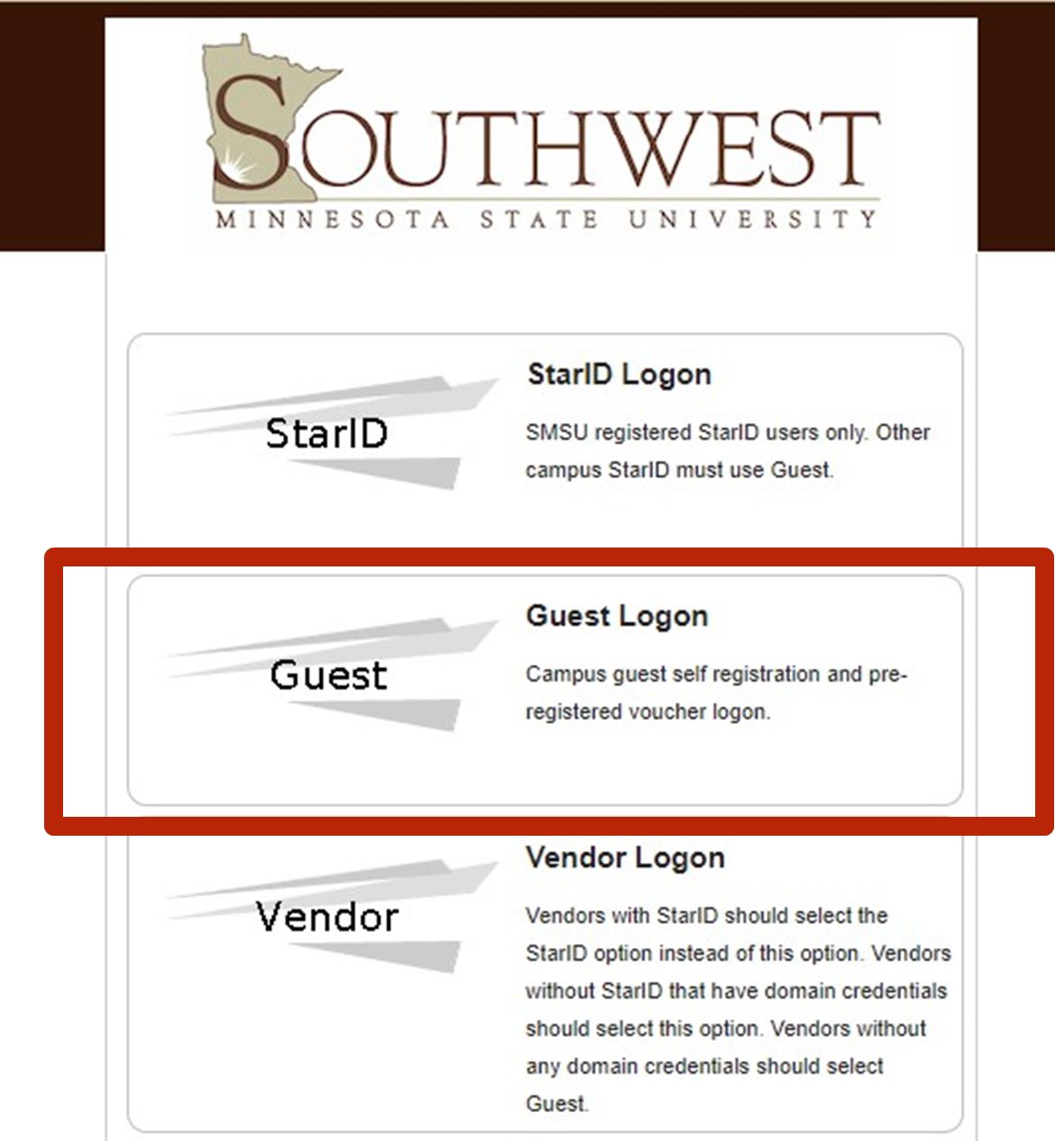 A screenshot of a Web page showing the guest logon. 