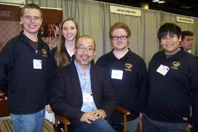 Back left: Tyler Falk, Melanie Lee, John Miller, and Armando Altamirano front: conductor, Carl Choi