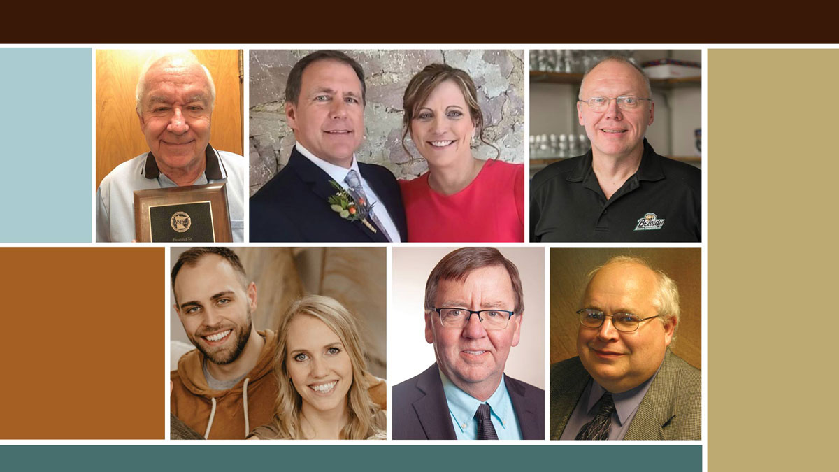 2023 Alumni Award Recipients, clockwise from top left: Wayne Cook, Bruce and Linda Saugstad, Dr. Mark Wallert, Jason Mortvedt, Robert Byrnes, Rachel and Maxx Raths. 