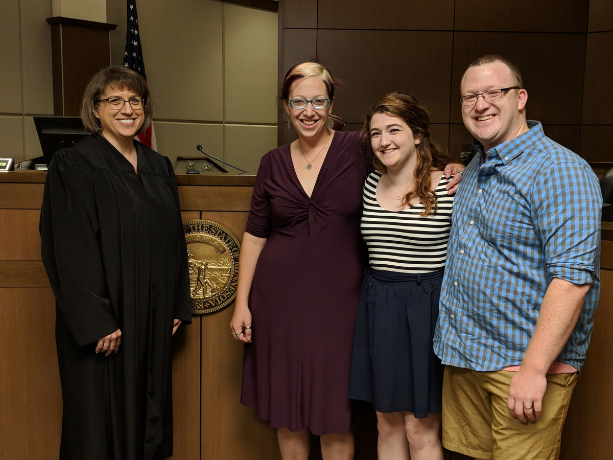 L-R: Judge Dietrich, Julie, Chanelle, and Ben on adoption day. 
